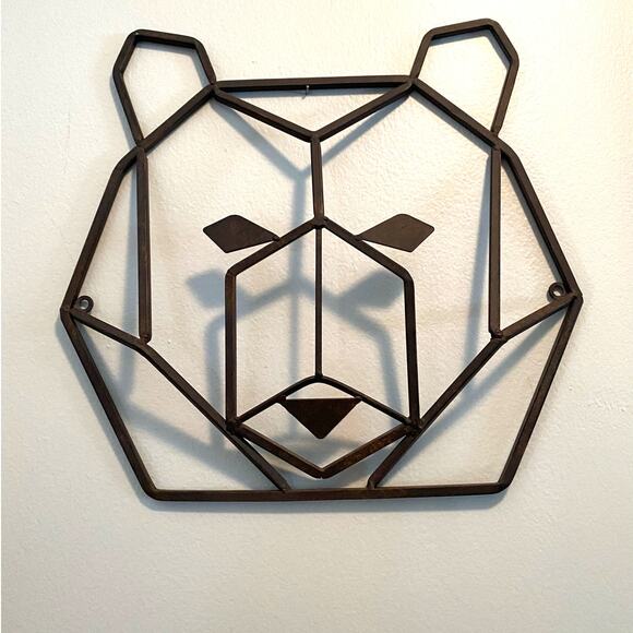 2 Cast Iron Geometric Fox And Bear Face Wall Hanging Metal Head Brown set of two - Picture 2 of 5